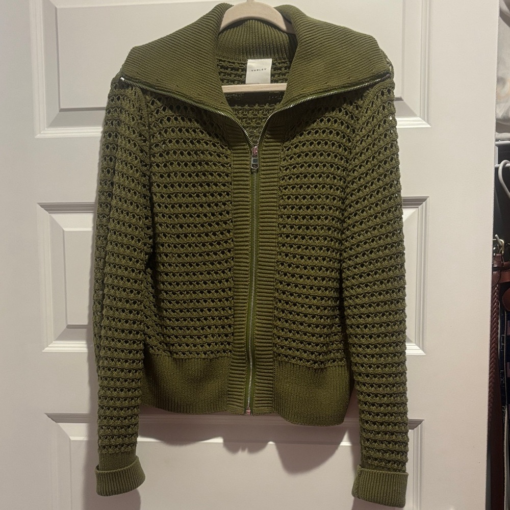 Varley Olive Green Open-Knit Zip Cardigan
